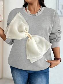 Calvaya Plus Size Contrast Big Bow Decor Sweatshirt, Autumn & Winter Pullover Fall - Grey - View 3