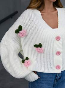 EURMUSE Casual Drop Shoulder Balloon Sleeve V Neck 3 Dimension Floral Pattern Detailed Cardigan - White - View 3