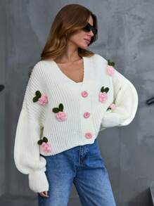 EURMUSE Casual Drop Shoulder Balloon Sleeve V Neck 3 Dimension Floral Pattern Detailed Cardigan - White - View 5