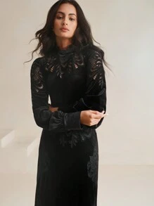 Anewsta Women Stand Collar Lantern Sleeve Lace Embroidery Velvet Blouse And Straight Skirt 2pcs Suit Set, Autumn/Winter - Black - View 3