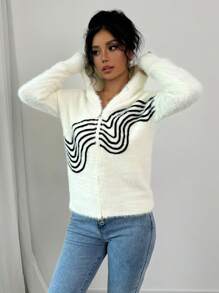 SHEIN Unity Women Casual Wave Pattern Zip-Up Fluffy Hooded Cardigan Sweater, Autumn/Winter Fall Cloth For Women - Beige - View 3