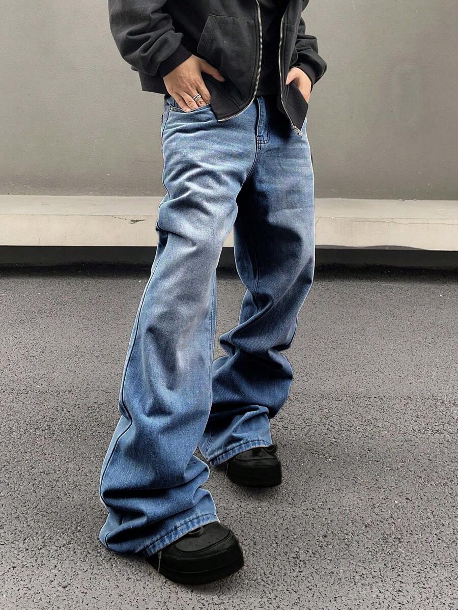 Manfinity Hypemode 男式直筒宽松休闲口袋宽松牛仔裤 - 中等水洗藍 - 查看 1