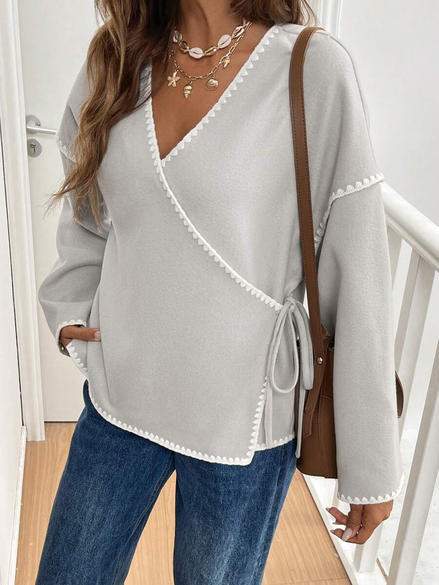 SHEIN Frenchy Veste croisée décontractée pour femmes en automne, avec blocs de couleurs et passepoil - Gris - Voir 1