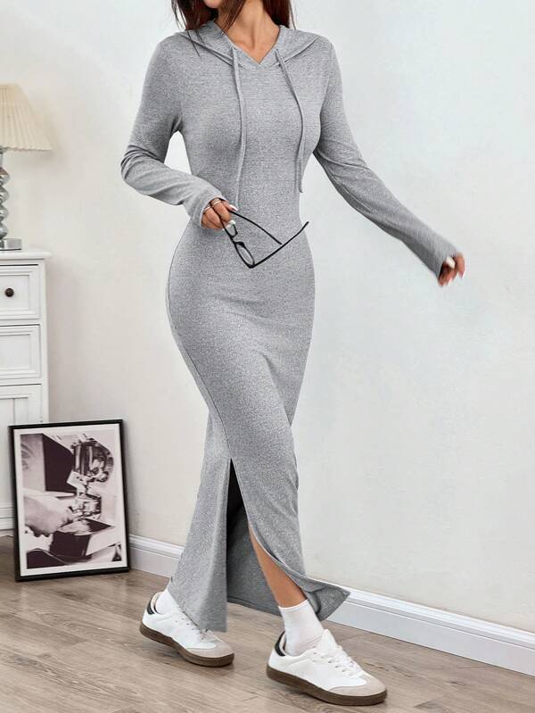 SHEIN EZwear Women's Autumn/Winter Hooded Drawstring Slim Fit Long Sleeve Knit Bodycon Dress