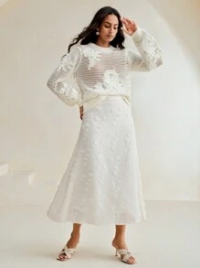 Anewsta Hollow-Out Embroidered Loose Knitted Sweater, Fall Winter - White - View 3