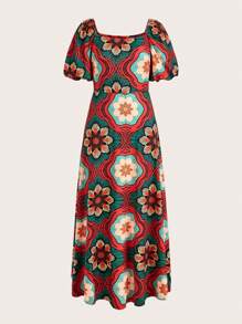 SHEIN Lady Vestidos elegantes y casuales de otoño e invierno para vacaciones, con mangas de obispo, hombros descubiertos y coloridos para mujeres