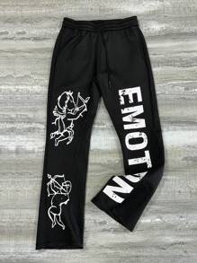 Manfinity EMRG Men's Casual American Street Style Letter & Angel Print Sweatpants, Autumn, Y2k Angel Graphic Drawstring Waist Sweatpants, Black Street Wear Long Sweatpants, For Husband, Boyfriend Gifts
