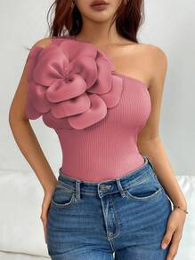 Islaluna Elegante Top sin mangas de un solo hombro con decoración floral 3D de unicolor