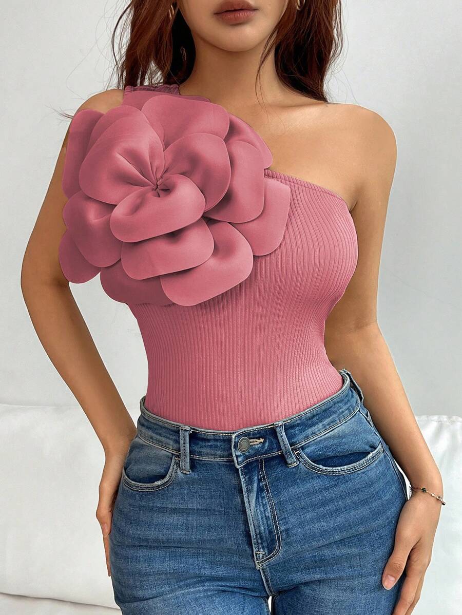 Islaluna Elegante Top sin mangas de un solo hombro con decoración floral 3D de unicolor