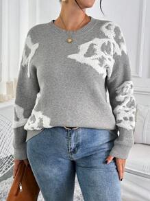 EMERY ROSE Plus Size Women's Jacquard Knitted Long Sleeve Sweater - Grey - View 5
