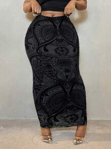 SHEIN SXY 卡其色网布与植绒佩斯利印花 A 字裙 - 黑色 - 查看 4