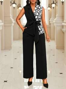 SHEIN Lady Women's Black And White Summer Elegant Office Suit Set,Lapel Asymmetric Wrap Two Pieces Fall Outfits Casual Cocktail Valentine's Day Straight Dress - Black and White - View 1