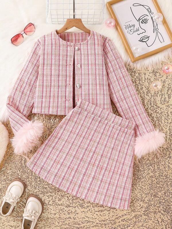 Conjunto de 2 piezas para niña preadolescente: Chaqueta de cuadros con adorno de plumas y falda, conjunto de moda