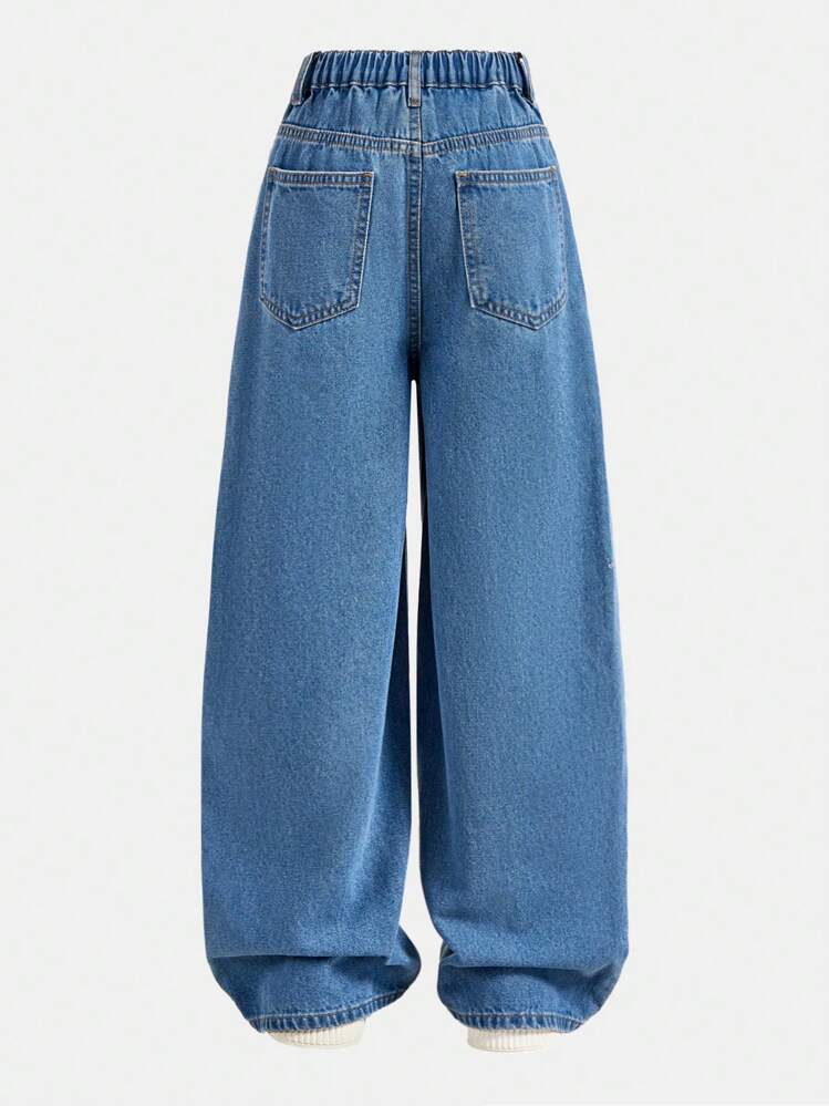 Quần Jeans Jeans Rộng Ống Rộng Thẳng Lưng Chéo Cho Bé Gái Tuổi Teen Thời Trang Châu Âu Và Mỹ - Rửa trung bình - Xem 2