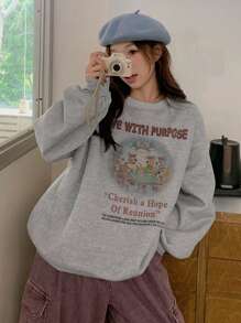 DAZY 女式卡通印花保暖内衬圆领长袖运动衫秋冬款 - 灰色 - 查看 7