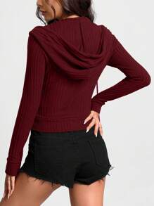 SHEIN Unity Zip-Up Drawstring Hooded Sweatshirt, Autumn Fuzzy Rib Knit Stylish Women Hoodie - Maroon - View 2