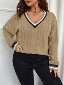 Calvaya Áo len chui đầu tay dài cổ chữ V sọc Colorblock cỡ lớn - Màu Khaki - Xem 3