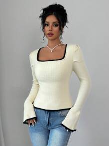RosyDaze Casual Colorblock Bell Sleeve Sweater, Autumn/Spring