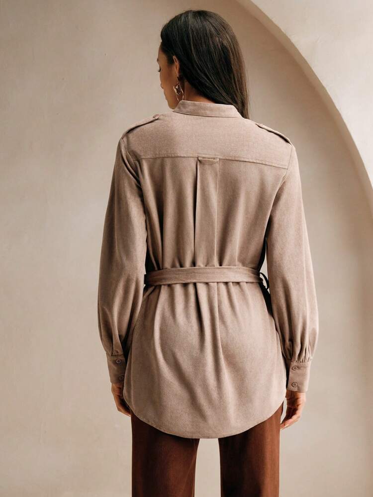 Fashion Commuter Design Twist Waist Lantern Sleeve Women Khaki Faux Suede Top Jacket