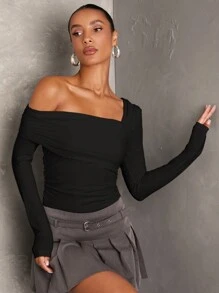 SHEIN BAE Women White Solid Asymmetric Neck Gathered Long Sleeve Bodysuit, Casual Wear