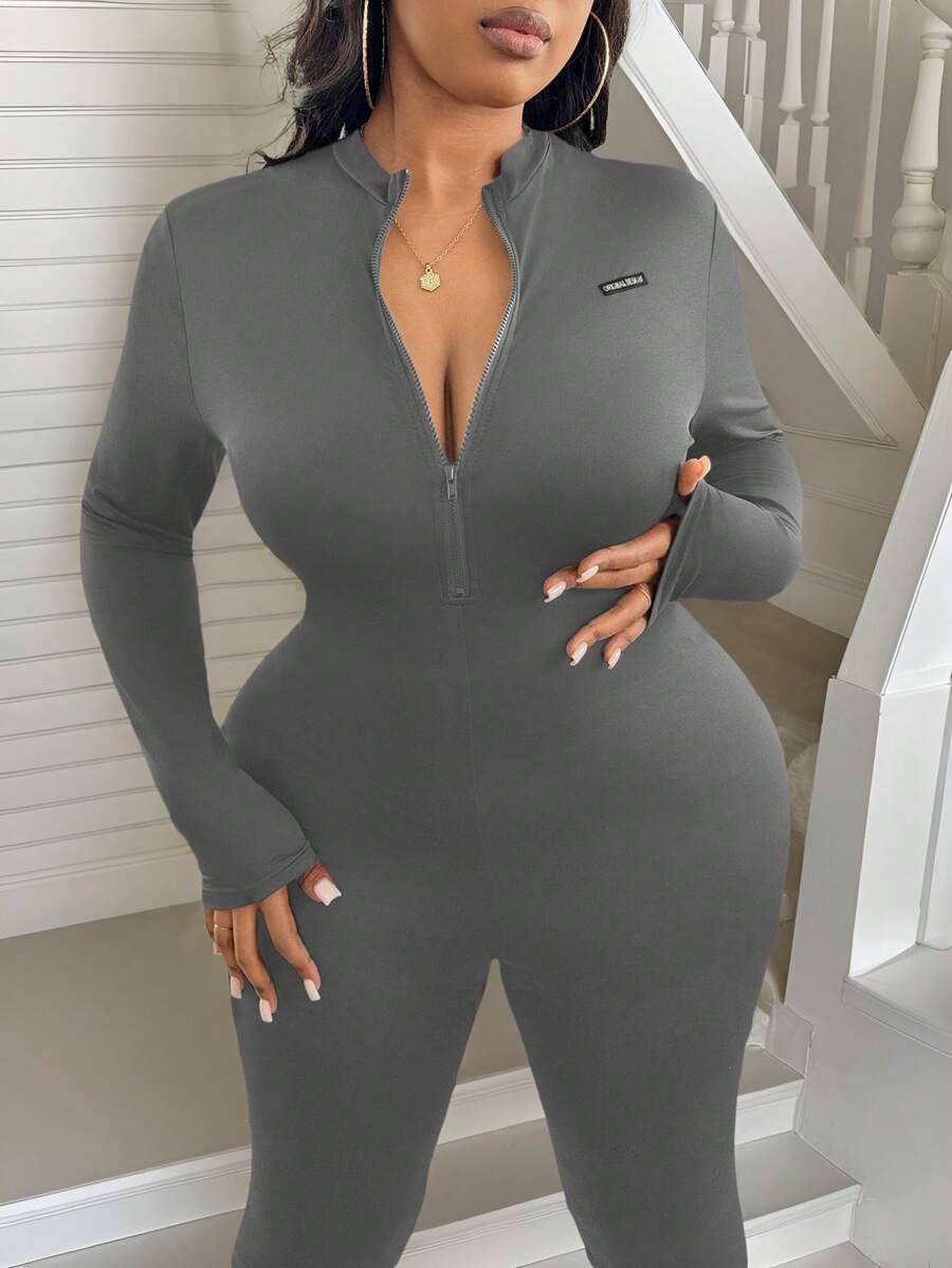 SHEIN SXY Plus Size Women's Autumn Letter Graphic Zip-Up Half-Placket Casual Jumpsuit, Suitable For Daily Wear - Grey - View 1