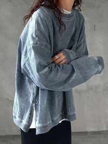 FRIFUL 女士秋季休闲牛仔宽松圆领落肩长袖口袋衬衫，秋季女装 - 藍色 - 查看 4