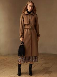 MOTF WOOL CONTRAST STITCH TRIM SLANT POCKET BUCKLE BELTED OVERCOAT - Camel - View 8