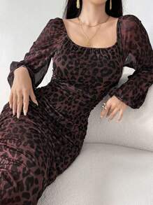 Modelyn Leopard Print Pleated Square Neck Long Sleeve Mesh Overlay Dress Burgundy Maxi Women Outfit Long Evening Dresses - Burgundy - View 7