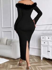 SHEIN Unity Plus Size Solid Color Fuzzy Patchwork Long Sleeve Off-Shoulder Turtleneck Maxi Sweater Dress - Black - View 2