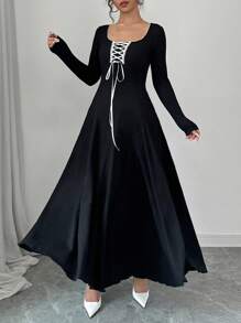 Modelyn Vestido largo de mujer con escote cuadrado, cintura entallada, dobladillo acampanado y bloqueo de color - Vestido de noche largo para mujer