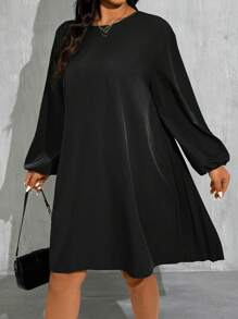 Calvaya Plus Size Casual Solid Color Lantern Sleeve Pleated Patchwork Dress, Spring Autumn - Black - View 2