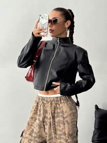 StreetHx 女士休闲街头风格 PU 皮革拉链短夹克，黑色 - 黑色 - 查看 3