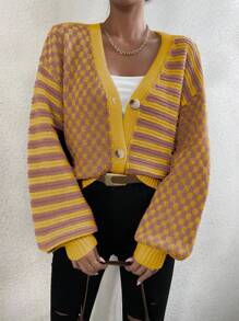 Chiquease Cárdigan casual de mujer con mangas farol, estampado a rayas, parches y diseño de damero, ideal para otoño/invierno