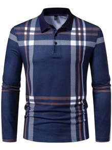 Manfinity Homme Men Casual Business Plaid Button-Up Collar Long Sleeve Work Polo Shirt, Business Wear For Autumn, Boy Friend Gifts, For Husband