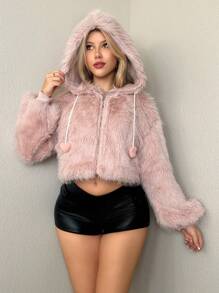 Sweetina Oversized Sparkling Silver Metallic Fluffy Hooded Jacket With 3D Heart Decor - Pink - View 5