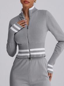 Forever 21 Simple Plain & Zip Front Long Sleeve Top, Casual Everyday Wear - Grey - View 5