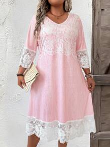SHEIN LUNE Plus Size Fashion Casual Color Block Lace Patchwork Dress - Pink - View 5