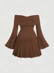 SHEIN MOD Plus Size Black Off-Shoulder Sweet Bell Sleeve Ruffle Hem Knit Dress - Brown - View 5
