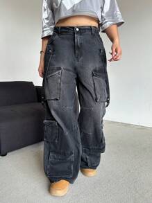 SHEIN EZwear Plus Size Casual Loose Fit Wide Leg Boyfriend Jeans - Black - View 4
