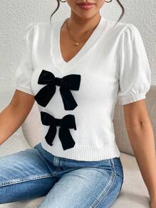 Chiquease Women V-Neck Short Sleeve Oversized Bow Knit Top, Autumn - White - View 1