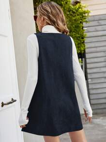 SHEIN Frenchy 女士纯色 V 领宽松直筒无袖连衣裙，秋季 - 藍色 - 查看 2