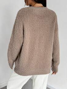 Comfortcana Casual Fluffy Collar Loose Drop Shoulder Sweater, Warm For Autumn/Winter - Khaki - View 2