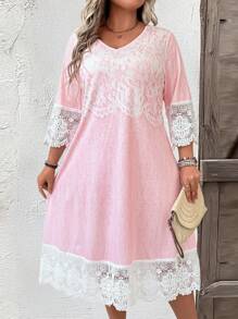 SHEIN LUNE Plus Size Fashion Casual Color Block Lace Patchwork Dress - Pink - View 3