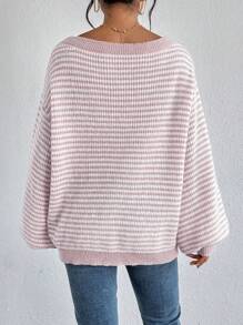 SHEIN LUNE Women Casual Contrast Color Stripe Bell Sleeve Knit Sweater, Autumn/Winter,Long Sleeve Tops,Off The Shoulder Sweater
