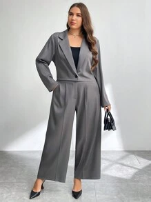 SHEIN Privé Plus Size Women Fashion Simple Gray 2Pcs Set, Formal Work Outfit, Thin Gray Jacket And Wide Leg Pants For Early Autumn Streetwear - Red Violet - View 6