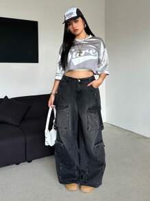 SHEIN EZwear Plus Size Casual Loose Fit Wide Leg Boyfriend Jeans - Black - View 3