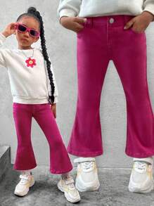 SHEIN Explorewe Young Girls New Y2K Style Fuchsia Color Energetic Denim Flared Pants, Suitable For Daily Wear Colorful Outfit - Pink - View 1