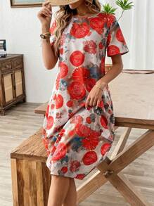 SHEIN Clasi Women Round Neck Short Sleeve Casual Random Geometric Print Mid-Length Dress