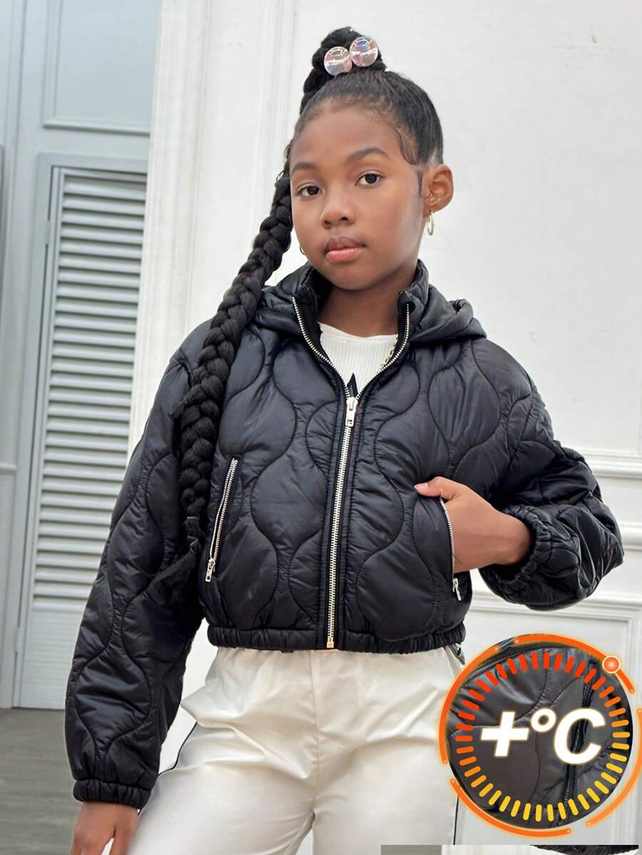 Slaydiva Tween Girl Casual Hooded  Cardigan Jacket, Fall/Winter - Black - View 1