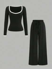 Chiquease 2 piezas Conjunto informal de mujer con parches y tela texturizada, otoño e invierno